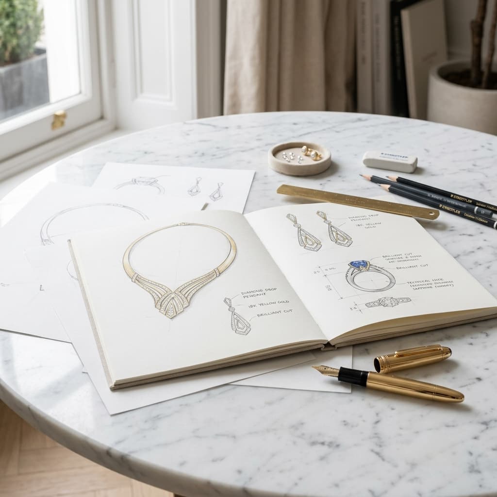 Jewelry design sketches on a marble table