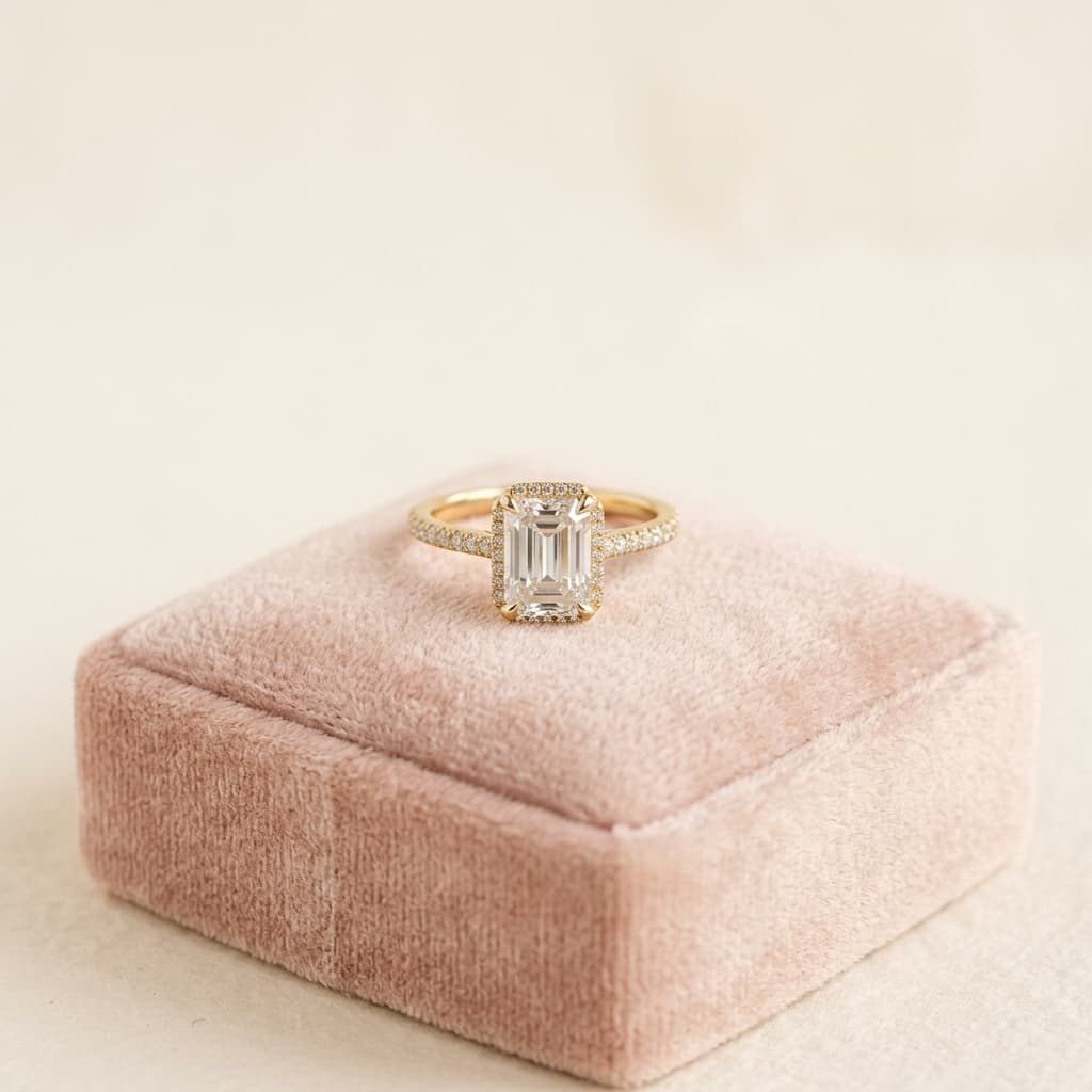 Finished custom diamond ring on velvet cushion