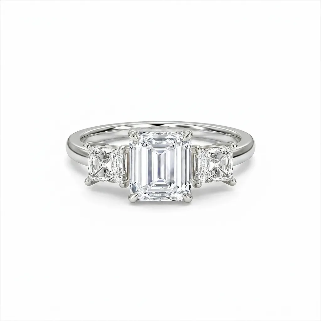 Emerald Cut Center with Radiant Sides Three-Stone Engagement Ring alternate view