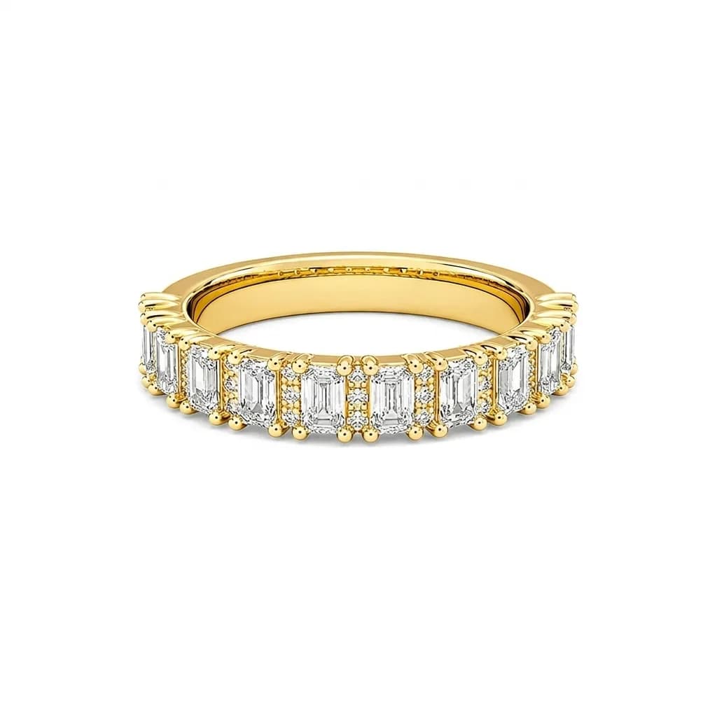 Half-Eternity Emerald and Round Diamond Anniversary Ring