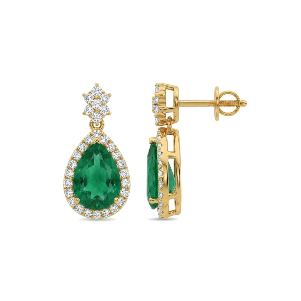 Pear Emerald and Diamond Halo Drop Earrings