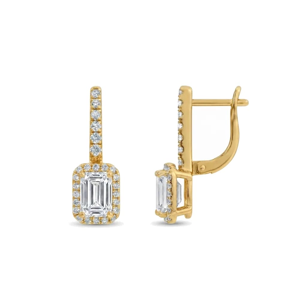 Round and Emerald Cut Diamond Halo Drop Earrings