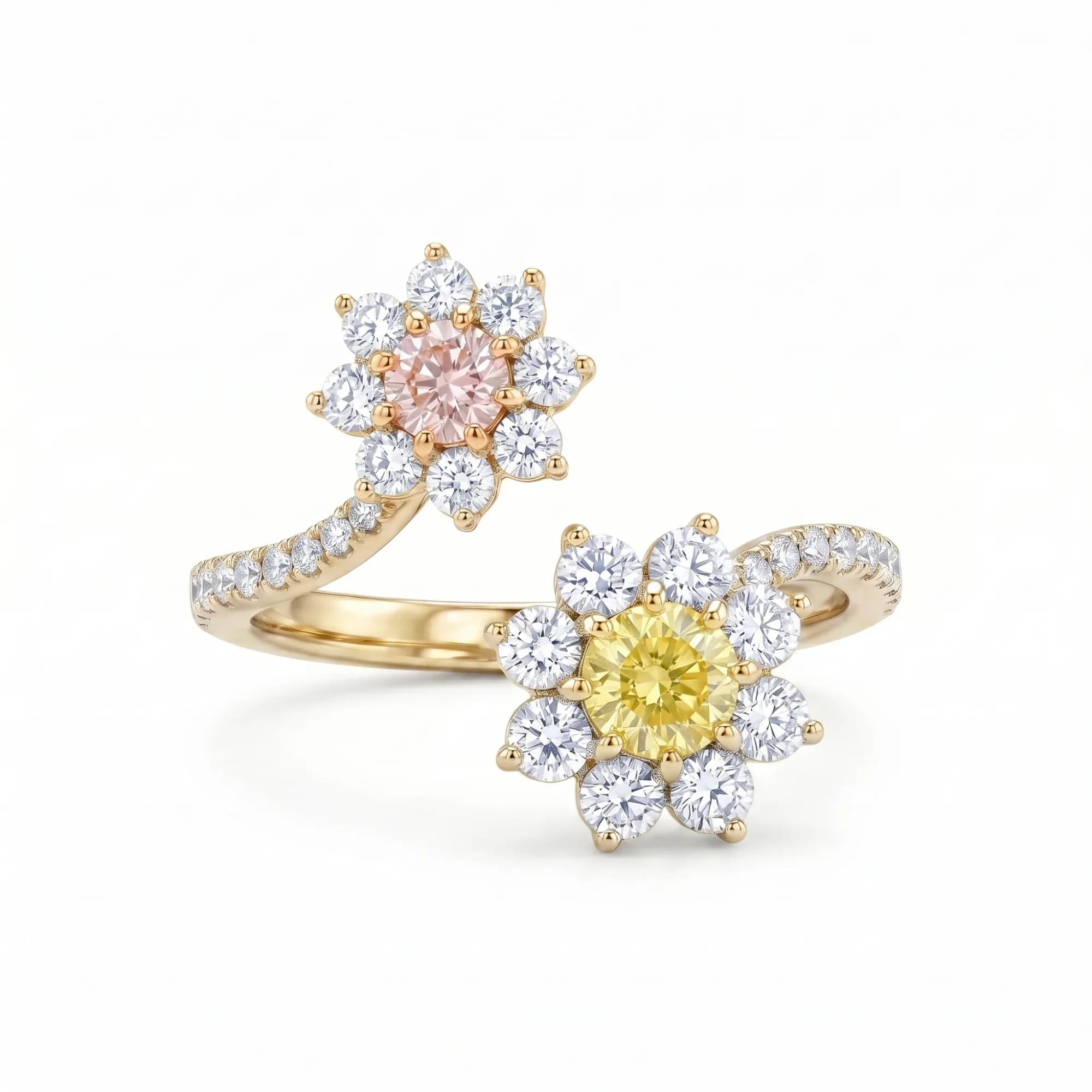 Asymmetrical Toi et Moi Floral Halo Ring with Colored Diamonds