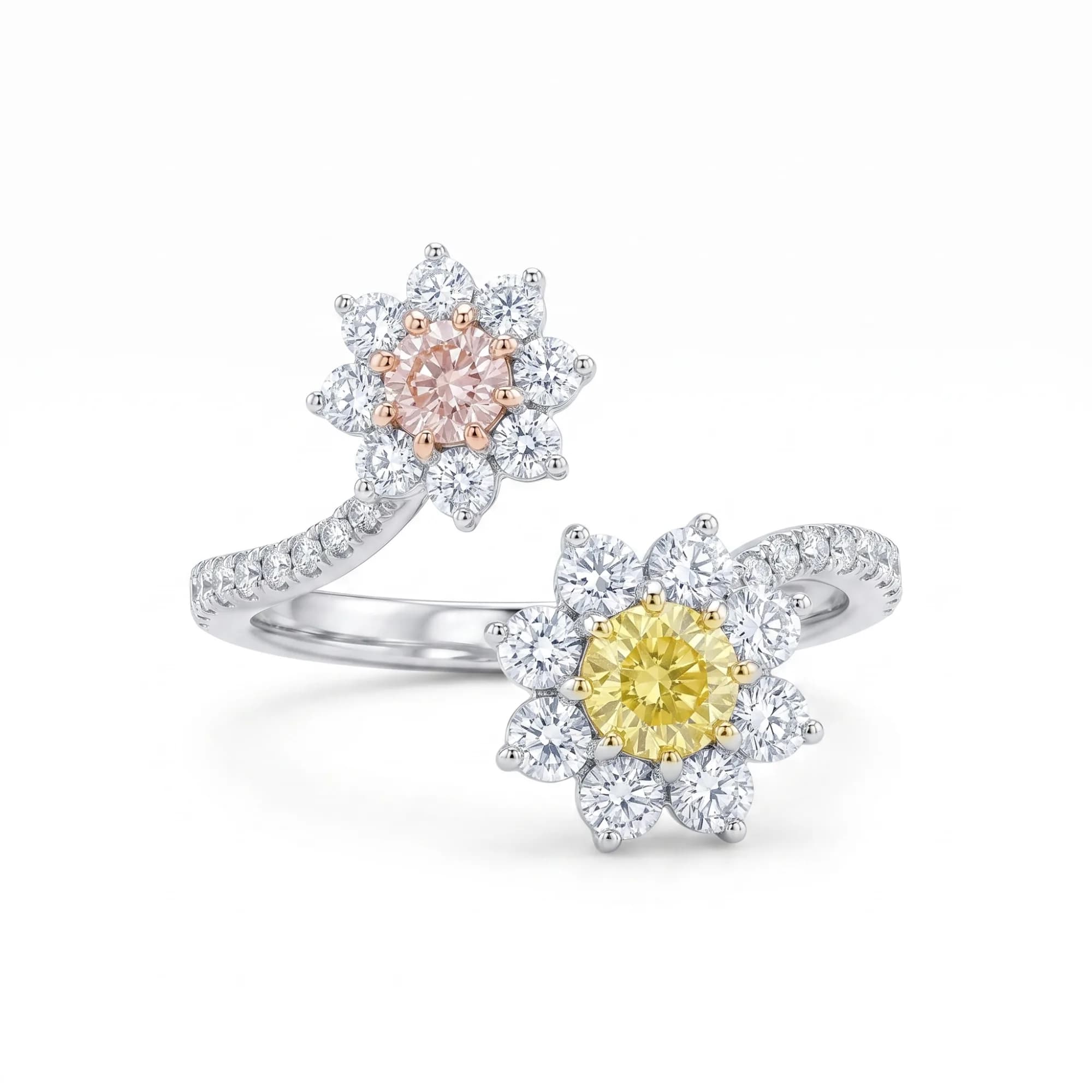 Asymmetrical Toi et Moi Floral Halo Ring with Colored Diamonds alternate view