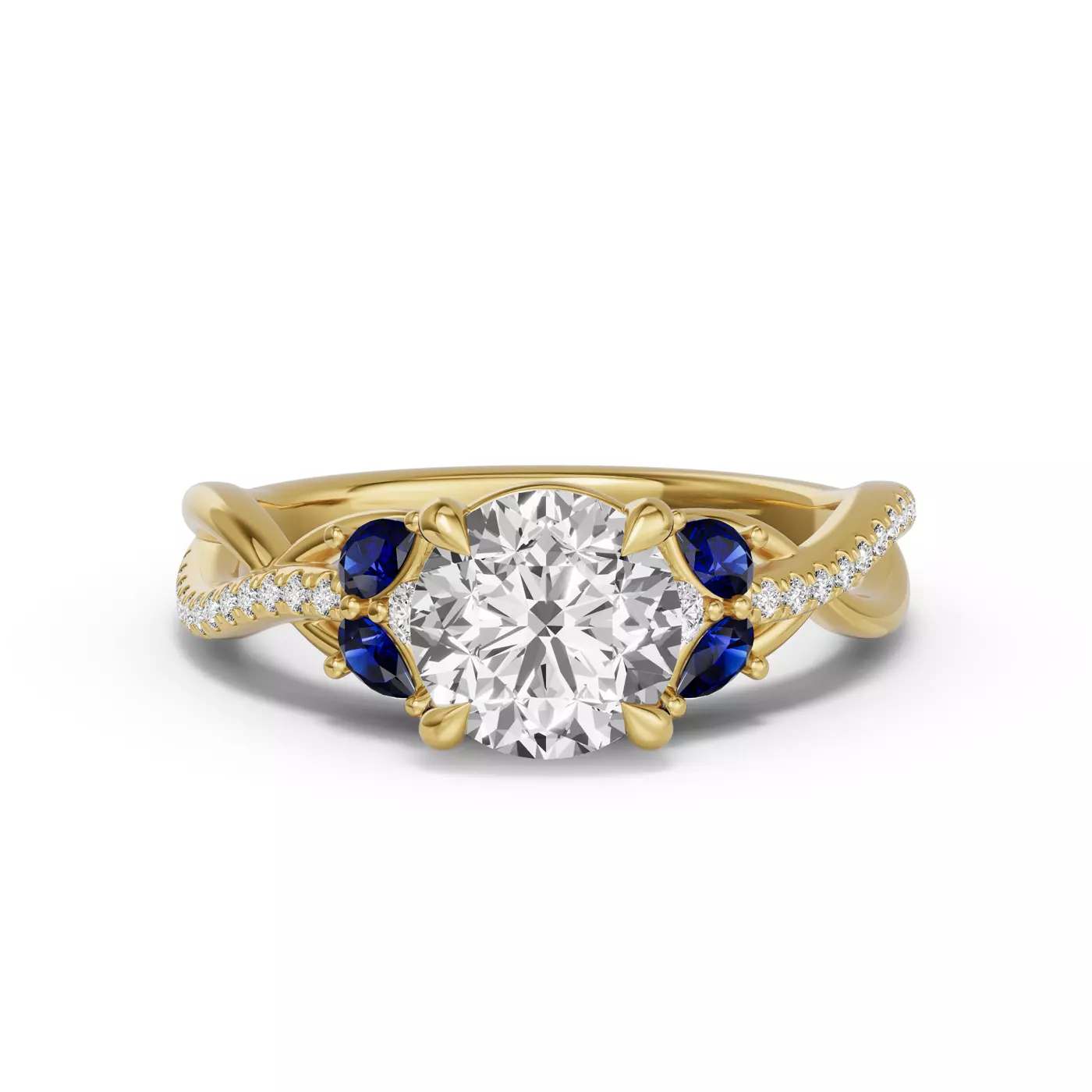 Vintage-Style Round Diamond Ring with Blue Sapphire Leaves