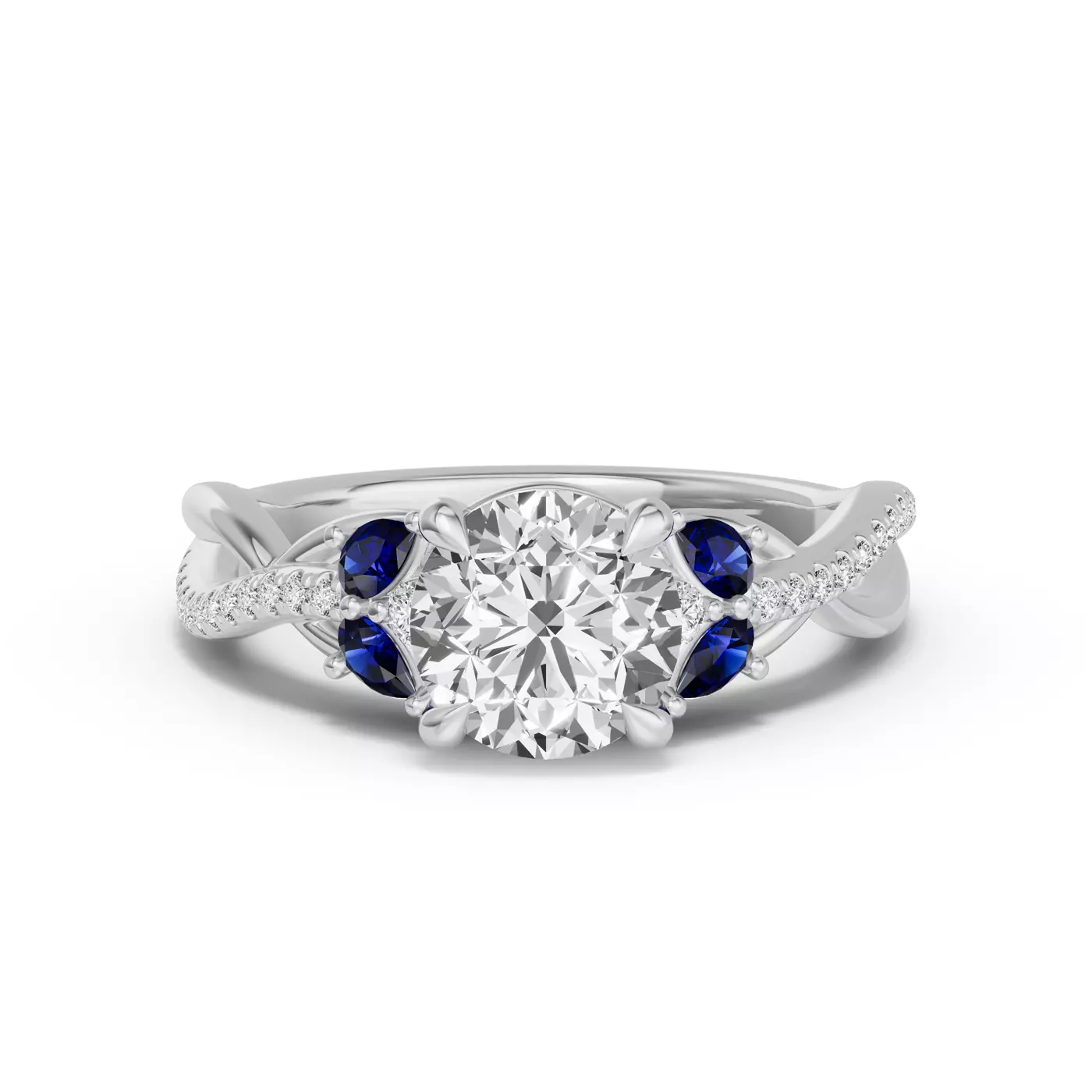 Vintage-Style Round Diamond Ring with Blue Sapphire Leaves alternate view