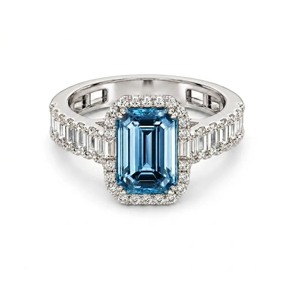 Emerald-Cut Blue Gemstone Diamond Halo Ring alternate view