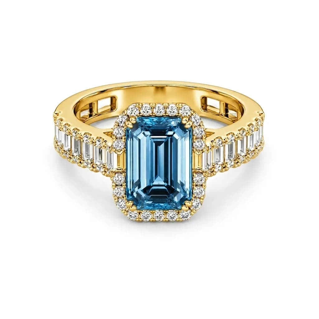 Emerald-Cut Blue Gemstone Diamond Halo Ring