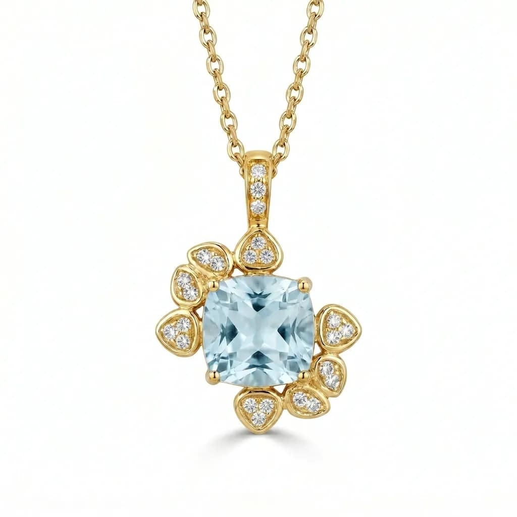 Cushion Aquamarine Diamond Floral Pendant