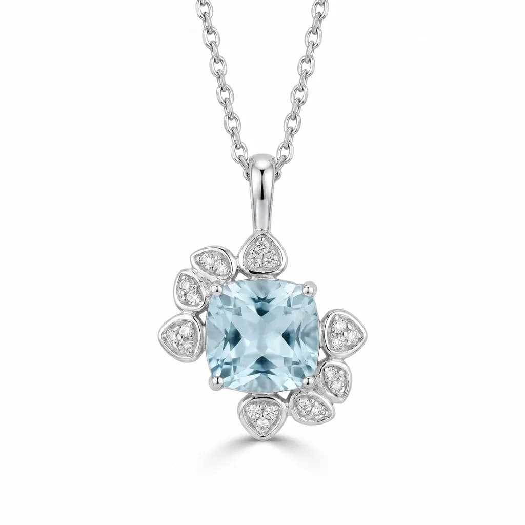 Cushion Aquamarine Diamond Floral Pendant alternate view