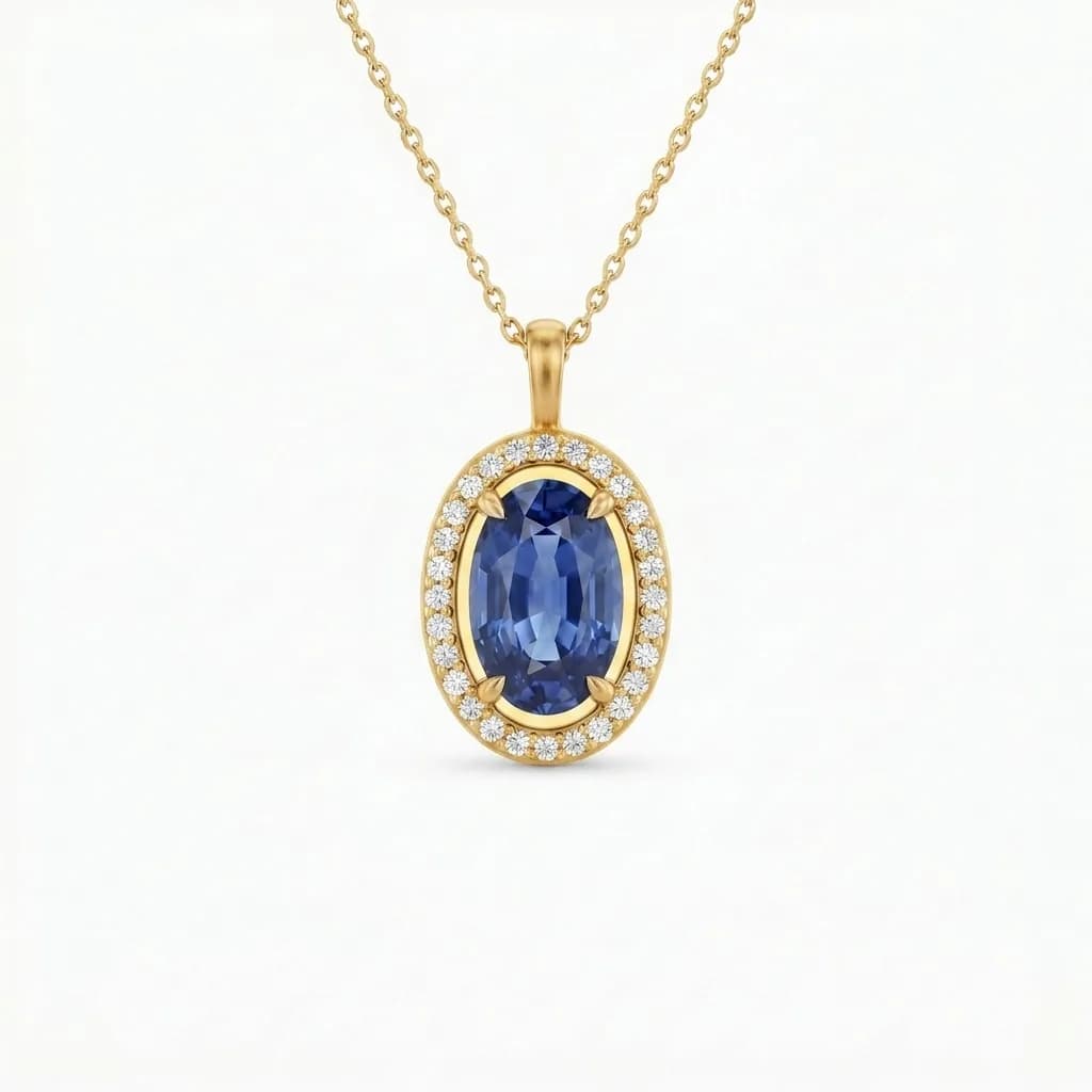 Oval Blue Sapphire Halo Pendant