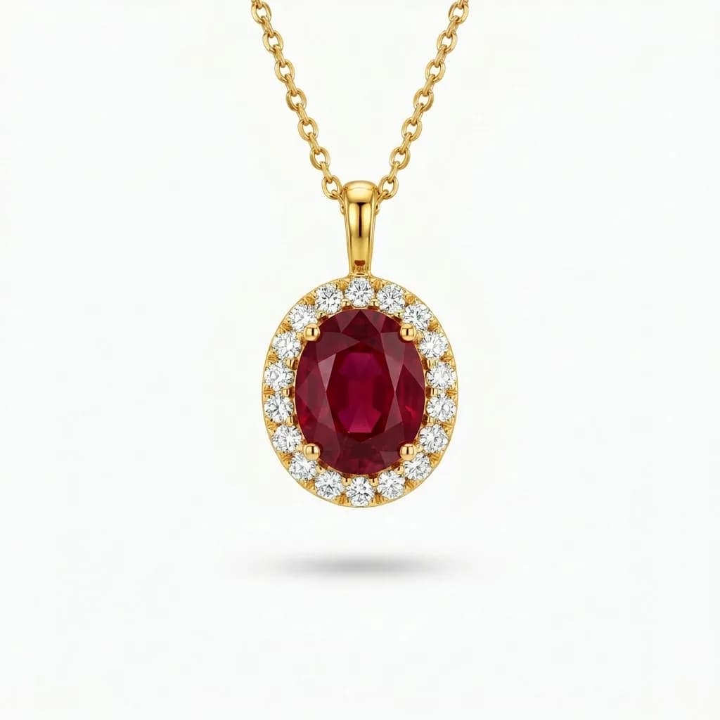 Oval Ruby Diamond Halo Pendant
